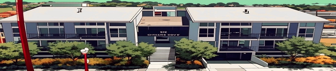 Artistic drawing of Catalina Cove, featuring the building and surroundings
